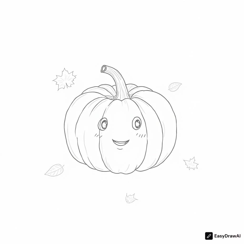 a cute pumpkin with a smiling face surrounded by autumn leaves