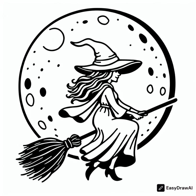 a friendly witch on a broomstick flying over a full moon