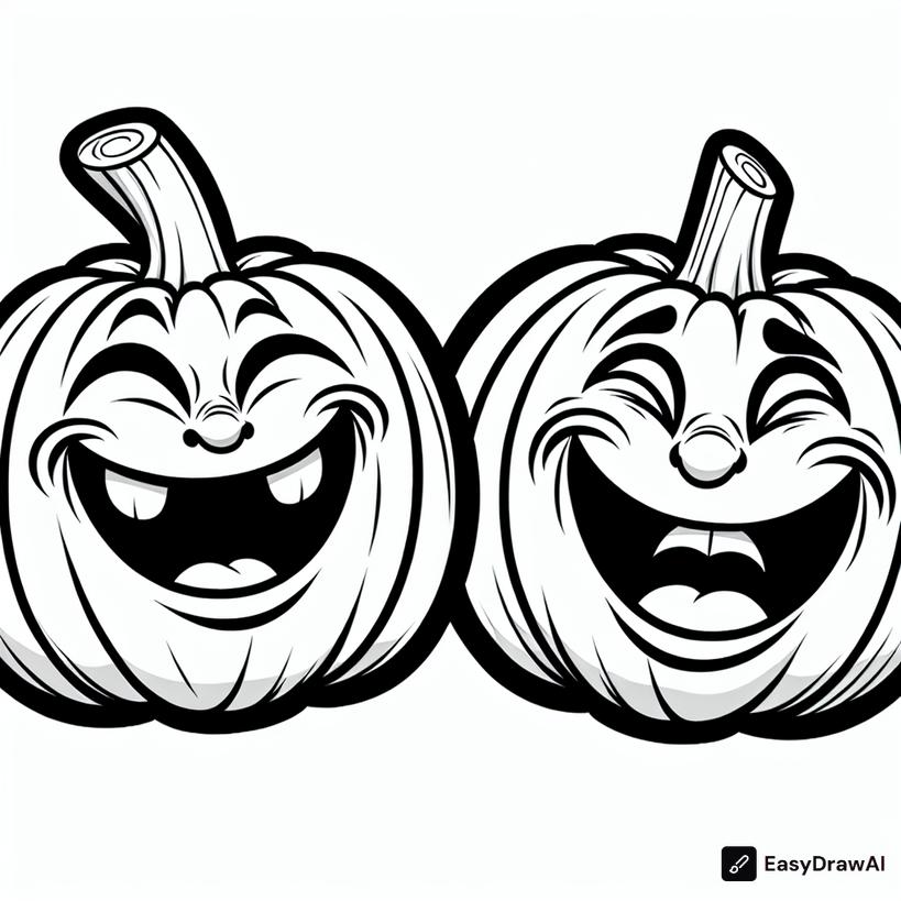 a pair of laughing pumpkins with different funny faces